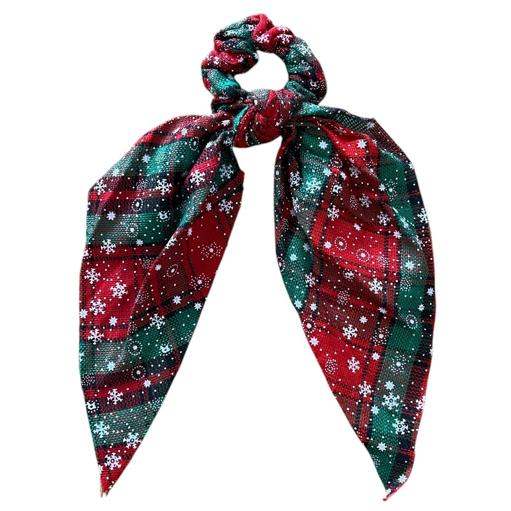 Red & Green Plaid White Gold Snowflake Winter Print 11" Hair Tie Scarf Scrunchie
